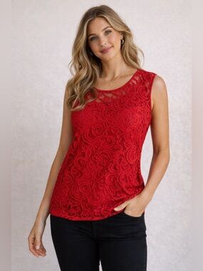 Adrianna Papell Red Lace Sleeveless Blouse - Size XL -Elegant -Overlay Top